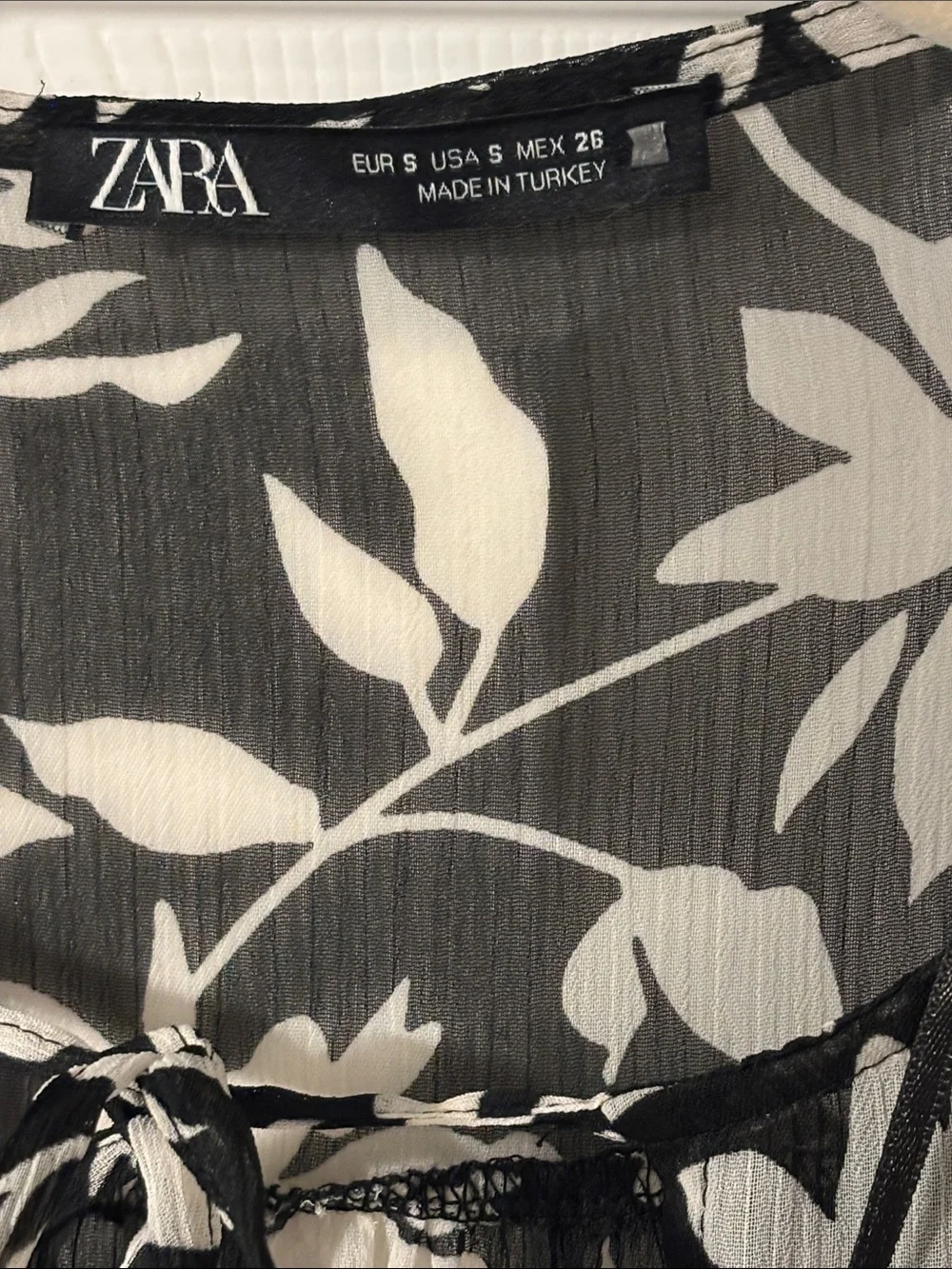 ZARA Black & White Floral Tie-Neck Sheer Blouse